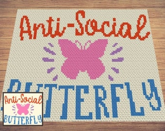 AntiSocial Butterfly Graph + Written Pattern For C2C & Tapestry Crochet - Butterfly C2C Graphgan - Crochet Butterfly Blanket - Quote Blanket