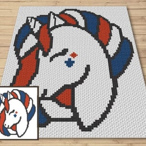 May include: A white unicorn with red, blue, and white stripes on its mane and horn. The unicorn is smiling and has its eyes closed. The background is a white and gray pixelated pattern.