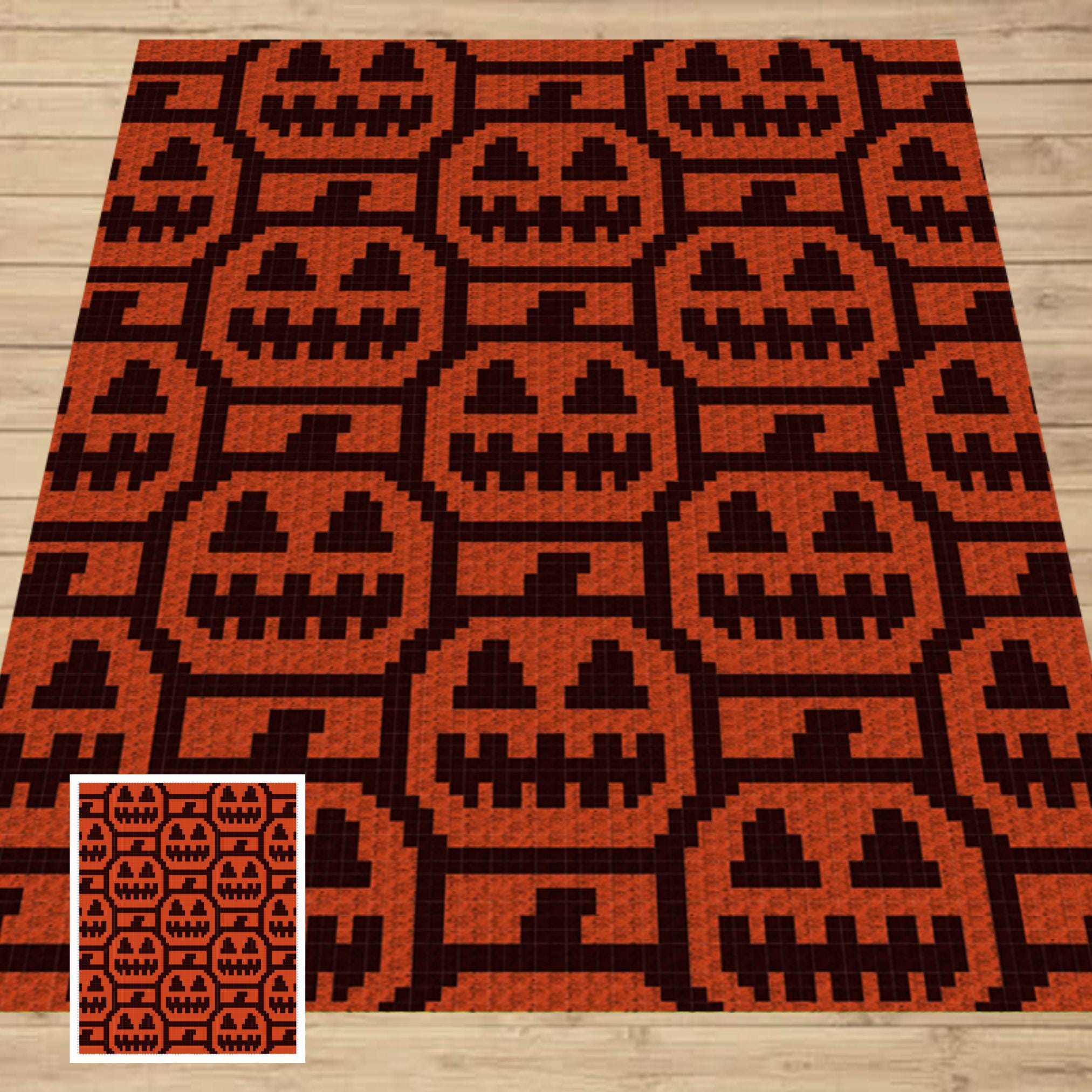 Nahtloser Halloween Kürbis Jack Lanterns Graph und Muster für C2C & Tapisserie häkeln | C2C Gehäkelte Halloween Kürbisse - C2C Jack O Lanterns