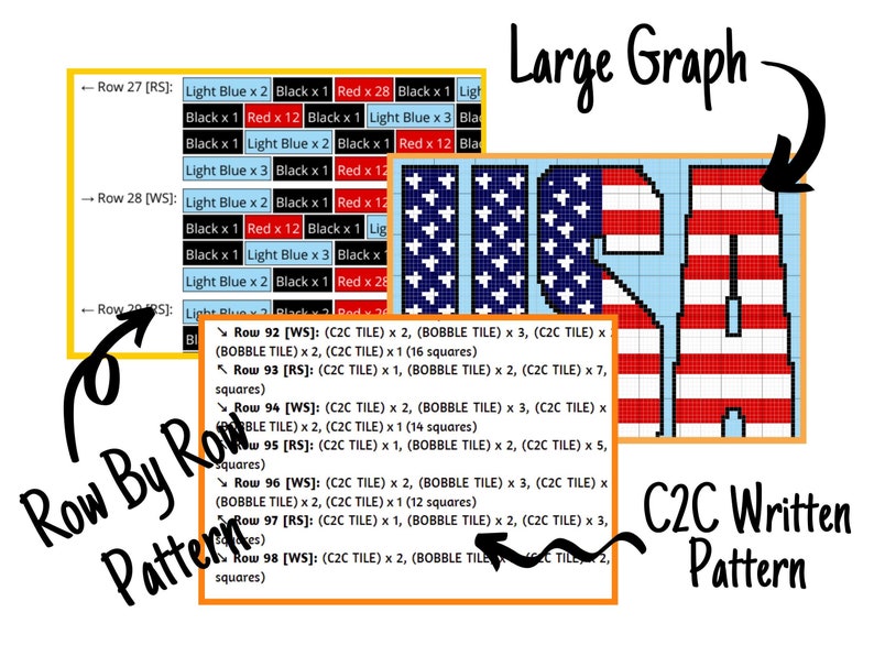 Patriotic USA Flag Graph Written Pattern For C2C & Tapestry Crochet Patriotic C2C Crochet Pattern USA Crochet Blankets Flag Blankets image 2