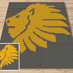 May include: A yellow lion head design on a gray background. The lion's mane is made up of many small squares.