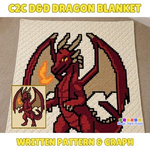 Puede incluir: Una manta C2C D&D de color crema con un dragón rojo pixelado, alas de color tostado y una pequeña llama naranja. El diseño incluye una imagen insertada más pequeña del dragón y el texto C2C D&D DRAGON BLANKET WRITTEN PATTERN & GRAPH.
