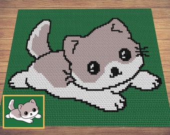 May include: A pixelated image of a gray and white kitten lying on its belly with its head turned to the side. The kitten has large, black eyes and a pink nose. The kitten is on a green background.