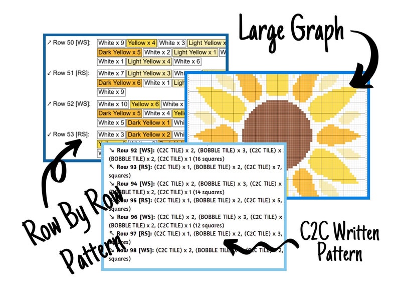 Summer Sunflower Graph and Pattern C2C & Tapestry Crochet Sunflower Graphgan Crochet Sunflower Blanket Flower C2C Pattern Blanket Gift image 2