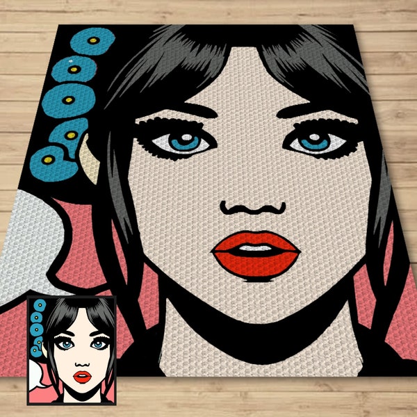 Pop Art Comic Book Girl Portrait Graph & Written Pattern For C2C + Tapestry | C2C Crochet Girl Blanket Pattern C2C Pop Art Afghan Gamer Gift