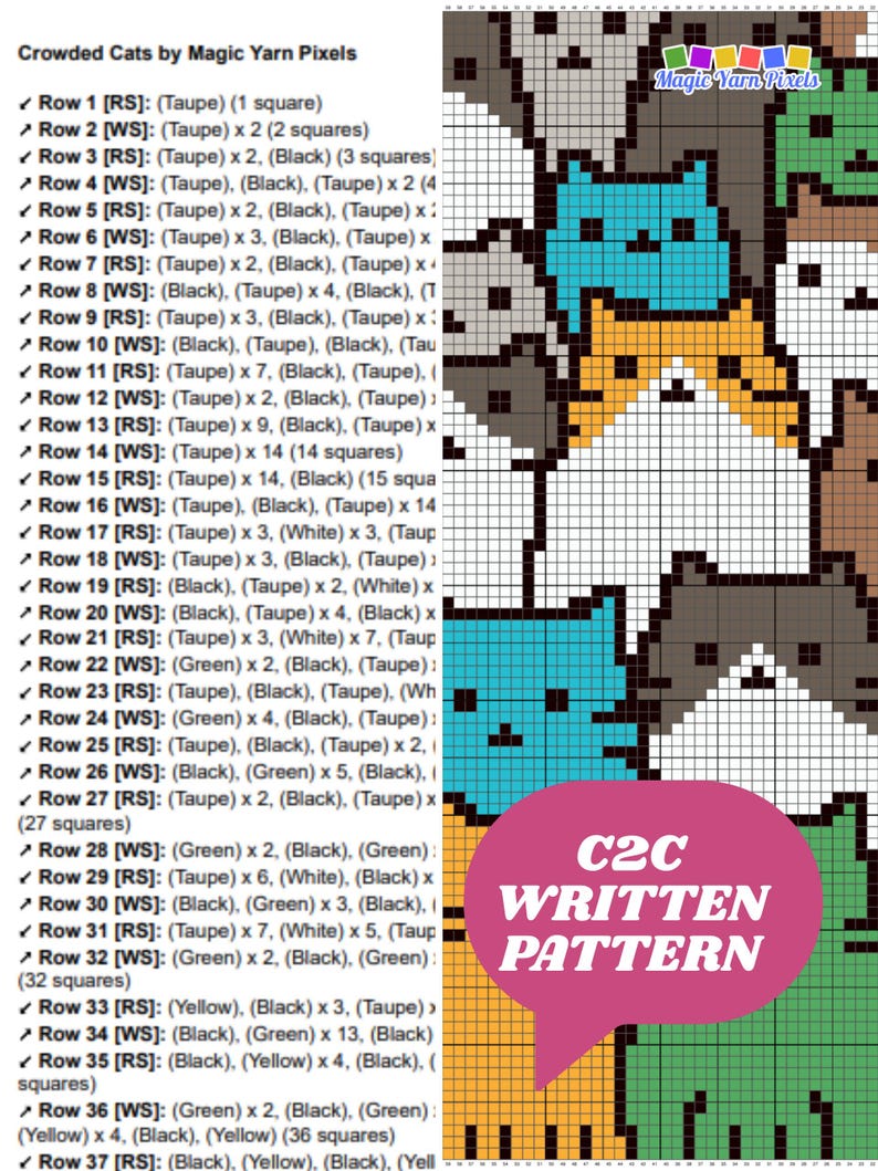 Cat Blanket Pattern PDF | Crowded Feline C2C Graphgan Chart | Animal Home Decor | Graph & Written Instructions