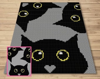 Halloween schwarze Katzen Graph + geschrieben Muster für C2C & Tapisserie häkeln - Schwarze Katze C2C häkeln - Halloween Decke häkeln - Tier Decke