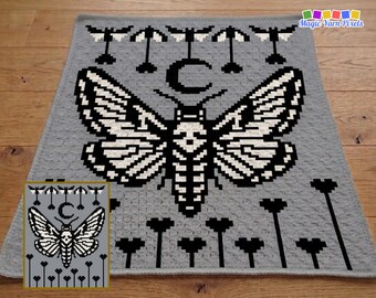 Gothic Moth Blanket Pattern PDF | C2C Crochet | Lunar Wall Hanging | Dark Cottagecore Decor | Graph & Written Instructions