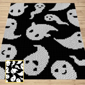 Graphique Fantômes d'Halloween + modèle écrit pour C2C et tapisserie au crochet - Modèle fantôme au crochet - Couverture au crochet C2C Fantômes d'Halloween, cadeau pour bébé
