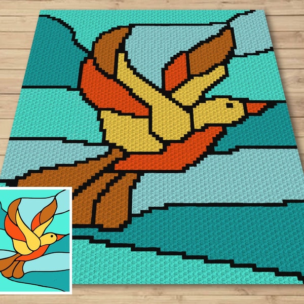 Stained Glass Bird Graph and Pattern C2C & Tapestry Crochet - Crochet Bird C2C Graphgan - Bird Crochet Blanket - C2C Blanket Bird Lover Gift