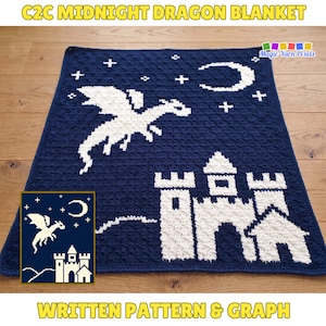 May include: A dark blue and white crochet blanket featuring a pixelated design of a flying dragon, a crescent moon, stars, and a castle. The text C2C MIDNIGHT DRAGON BLANKET and WRITTEN PATTERN & GRAPH appear at the top and bottom of the image.