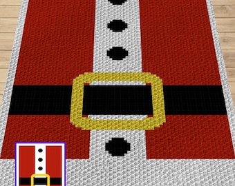 May include: A crochet pattern for a Santa Claus suit. The pattern is made up of red, white, and black squares. The pattern includes a belt with a gold buckle.