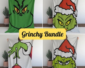 4 Pattern Bundle Christmas Grinchy Designs - Graph Pattern C2C & Tapestry Crochet, C2C Crochet Blanket Girl Grinchy, Grinchy w/ Santa Hat