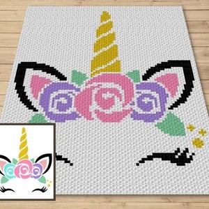 Graphique princesse licorne + modèle écrit pour crochet C2C et tapisserie - Modèle au crochet C2C licorne - Couverture animal au crochet - Couverture licorne