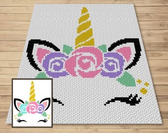 Gráfico de princesa unicórnio + padrão escrito para crochê C2C e tapeçaria - Padrão de crochê C2C de unicórnio - Cobertor de crochê animal - Cobertor de unicórnio