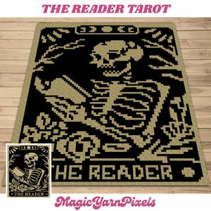 Der Leser Tarot häkeln Decke Muster Chart & geschrieben Muster für C2C + Tapisserie häkeln | C2C gehäkelte Schädel-Decke Goth-Buch-Liebhaber-Geschenk