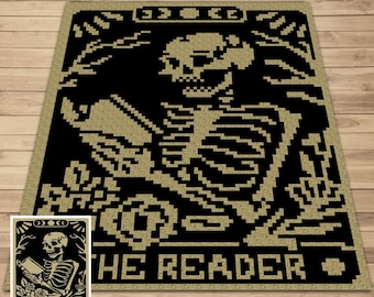 The Reader Tarot Crochet Blanket Pattern Chart & Written Pattern For C2C + Tapestry Crochet | C2C Crochet Skull Blanket Goth Book Lover Gift