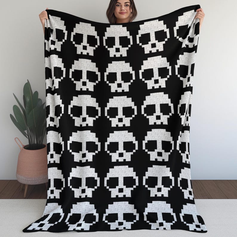 Skulls In A Row Afghan Pattern + Graph for C2C & Tapestry Crochet | C2C Crochet Skull Blanket | Spooky Crochet Halloween Blanket | Goth Gift