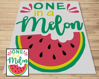 May include: A rectangular doormat with a white textured background features the text "ONE in a MELON" in green, yellow, and red. A watermelon slice with a bite taken out of it is below the text. A smaller version of the design is in the lower left corner.