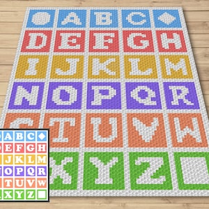 May include: A colorful crochet alphabet blanket with each letter in a different colored square. The letters are white and the squares are blue, red, yellow, purple, orange, and green.