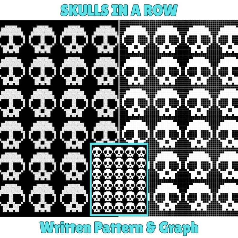 Skulls In A Row Afghan Pattern + Graph for C2C & Tapestry Crochet | C2C Crochet Skull Blanket | Spooky Crochet Halloween Blanket | Goth Gift