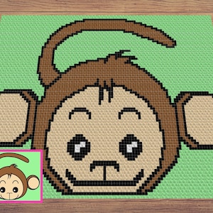 May include: A pixelated cartoon monkey face with brown fur, big eyes, and a wide smile. The monkey is on a green background.