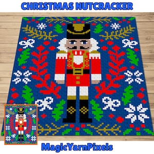 May include: A blue Christmas rug with a pixelated nutcracker soldier in a red uniform and black hat. The rug has a border of snowflakes, bows, and Christmas tree designs. The text "CHRISTMAS NUTCRACKER" and "MagicYarnPixels" are displayed.