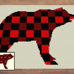 Buffalo Plaid Bear Silhouette Graph + modello scritto per C2C e Tapestry Crochet - Bear C2C Graphgan - Coperta all'uncinetto a quadri rossa e nera