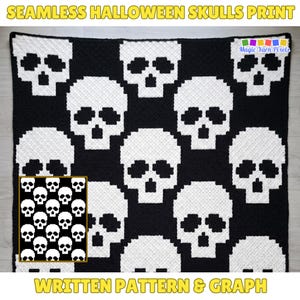 Patroon voor een deken met doodskopmotief (PDF) | Gotische Halloween C2C-deken | Spookachtige Gotische woondecoratie | Grafiek en geschreven instructies