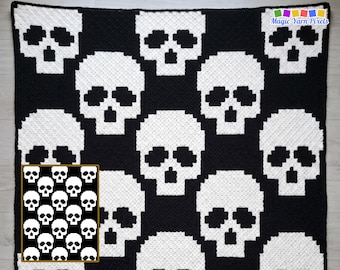 Skull Blanket Pattern PDF | Halloween Gothic C2C Graphgan | Spooky Goth Home Decor | Graph & Written Instructions