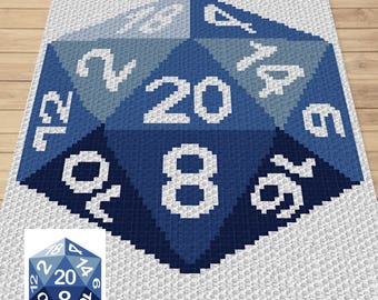 May include: A blue and white crocheted blanket with a large 20-sided die design. The die has numbers 12, 20, 8, 16, 4, 18, 6, 14, 2, 10, and 5.