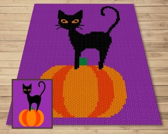 Halloween Schwarze Katze Auf Kürbis Graph + Schriftig Muster Für C2C & Tapisserie häkeln - Halloween Katze C2C Häkeldecke Katze Afghane