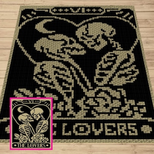 恋人たちのタロット かぎ針編みブランケット パターン チャート & C2C + タペストリー かぎ針編みの書き方 | C2C かぎ針編み スカル ブランケット ゴス 恋人たちのスケルトン