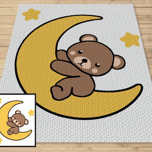 Bear On The Moon Graph + Written Pattern For C2C & Tapestry Crochet - C2C Bear Graphghan Animal Crochet Blanket - Crochet Afghan Baby Shower