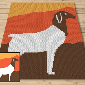May include: A white sheep with brown ears and a brown head stands on a brown and orange background. The sheep is facing the right side of the image. The background is a stylized landscape with orange, brown, and yellow colors.
