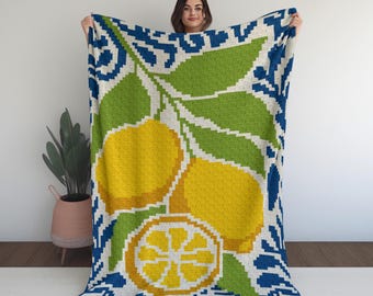Mediterranean Lemons Crochet Blanket Pattern, Summer Fruit Afghan Graphgan, C2C & Tapestry Instructions, Blue Tile Citrus PDF