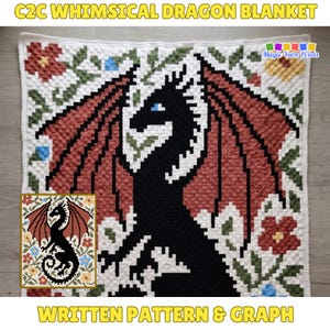 May include: A crochet blanket featuring a pixelated black dragon with red wings against a white background with colourful floral motifs. The text C2C WHIMSICAL DRAGON BLANKET and WRITTEN PATTERN & GRAPH are visible, along with a smaller inset image of the design.