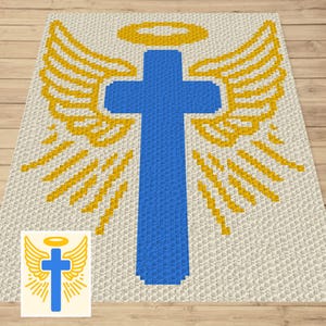 Könnte beinhalten: Ein Häkelmuster mit einem blauen Kreuz, über dem sich ein Heiligenschein befindet, umgeben von gelben Engelsflügeln.