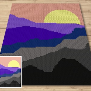 May include: A crochet pattern featuring a sunset over a mountain range. The mountains are in shades of purple, blue, gray, and black. The sun is yellow.