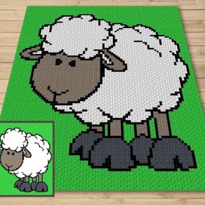 かわいい子羊のグラフ + C2C 用文字パターンとタペストリーかぎ針編み - 子羊の C2C かぎ針編みパターン - 羊の C2C ブランケット - 動物の赤ちゃんアフガン ベビーシャワー