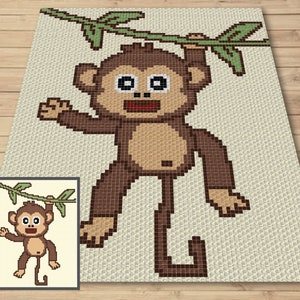 Grazioso bambino scimmietta ragazzo grafico e modello C2C Tapestry Crochet - Monkey Blanket Graphgan - Baby Animal Crochet Blanket - C2C Jungle Nursery Decor