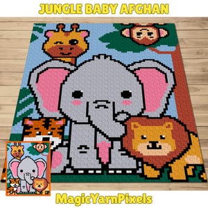 May include: A colorful, pixelated baby afghan featuring jungle animals. The design includes a large gray elephant with pink ears, a lion, a tiger, a giraffe, and a monkey. The text "JUNGLE BABY AFGHAN" and "Magic Yarn Pixels" are also visible.