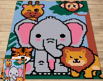 May include: A colorful, pixelated baby afghan featuring jungle animals. The design includes a large gray elephant with pink ears, a lion, a tiger, a giraffe, and a monkey. The text "JUNGLE BABY AFGHAN" and "Magic Yarn Pixels" are also visible.