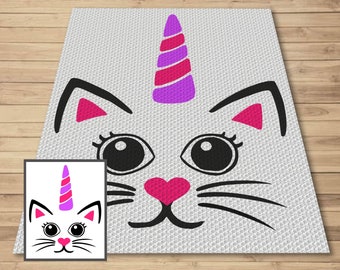 Cute Caticorn Face Graph & Pattern C2C and Tapestry Crochet - Crochet Unicorn Graphgan Cat Unicorn Crochet Blanket C2C Cat Blanket Gift Baby