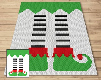 May include: A crochet pattern for an elf's legs and shoes. The pattern is made up of green, red, black, and white squares.