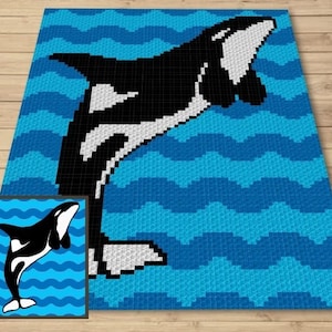 海のシャチのクジラのグラフ + C2C とタペストリーのかぎ針編み用の書面によるパターン - シャチの C2C グラフ - クジラのかぎ針編みブランケット - 動物のベビーブランケット