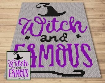 May include: A crochet pattern for a purple and black "Witch and Famous" sign with a witch's hat graphic.