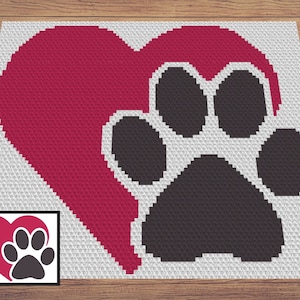 Heart Paw Love My Pet Graph and Pattern C2C & Tapestry Crochet - Dog Blanket C2C Graphgan -Paw Print Blanket - C2C Pet Blanket Crochet Gifts