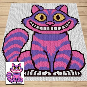 Ecriture et graphique C2C Chat du Cheshire souriant + Tapisserie au crochet | Couverture pour chat violette C2C Cat Couverture d'Halloween mignonne afghane C2C Baby Cat