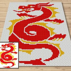 May include: Red and yellow crochet pattern of a dragon. The dragon is curled up with its tail in its mouth.